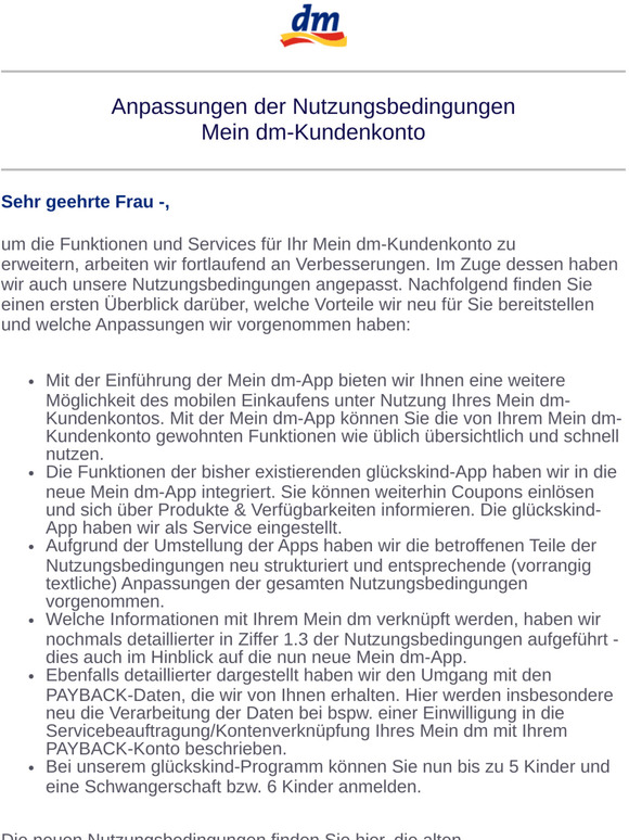 Mein dm: Neue Nutzungsbedingungen