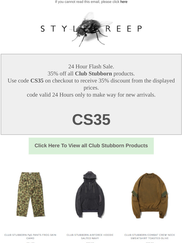 35% off all Club Stubborn - 24 Hours Only - Code CS35 @Stylecreep