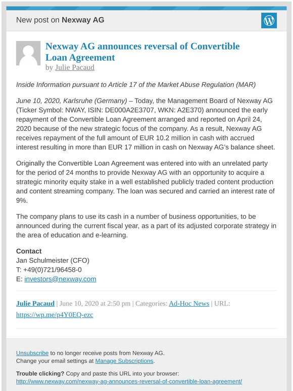 [New post] Nexway AG announces reversal of Convertible Loan Agreement