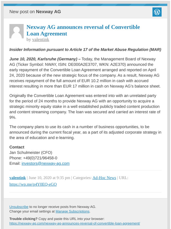 [New post] Nexway AG announces reversal of Convertible Loan Agreement