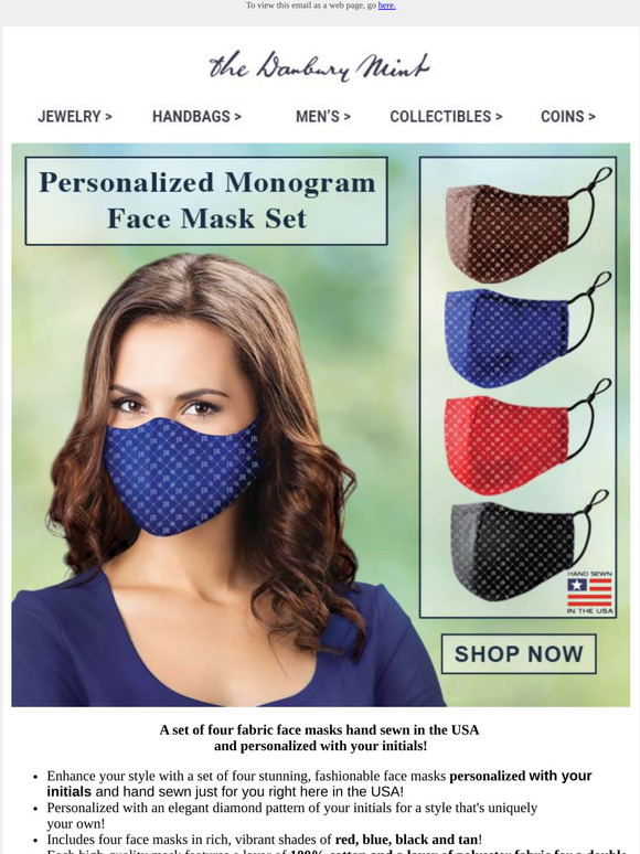 Danbury Mint Fashionable face masks customcrafted with your initials