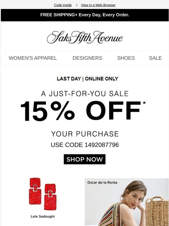 Saks Fifth Avenue Your exclusive offer is ending don't