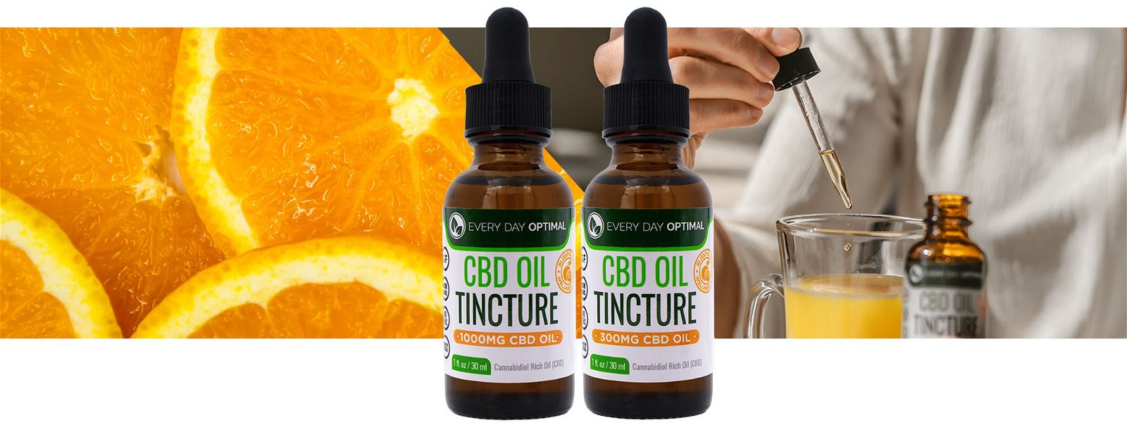 A bottle of CBD gummies, D-Stress capsules, and CBD tincture are sitting in front of a photo of a father and son