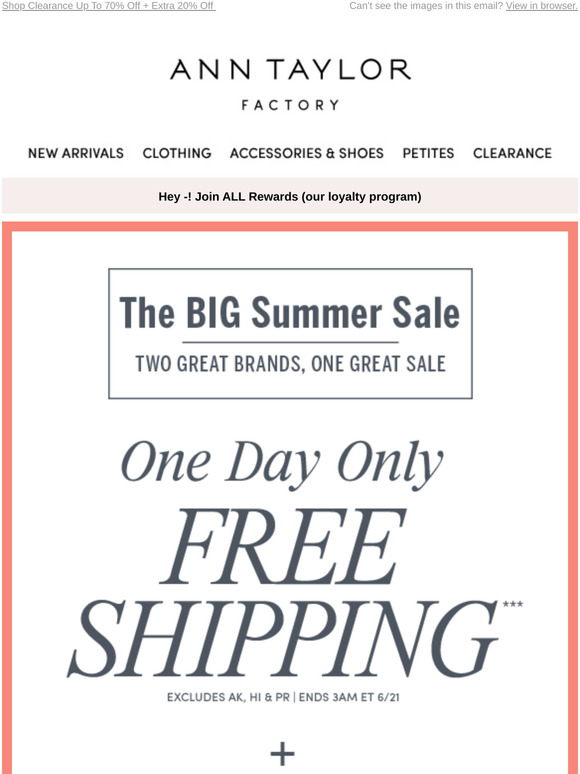 Ann Taylor Factory FREE Shipping! 5070 Off! Extra 15 Off 4+ Items
