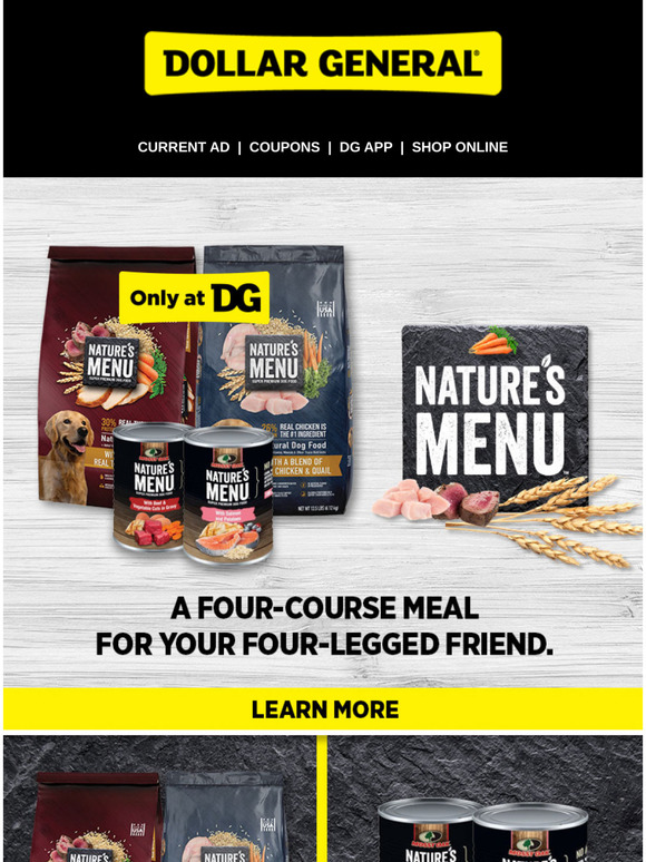 Dollar General Nature’s Menu dog food made with real meat and in the