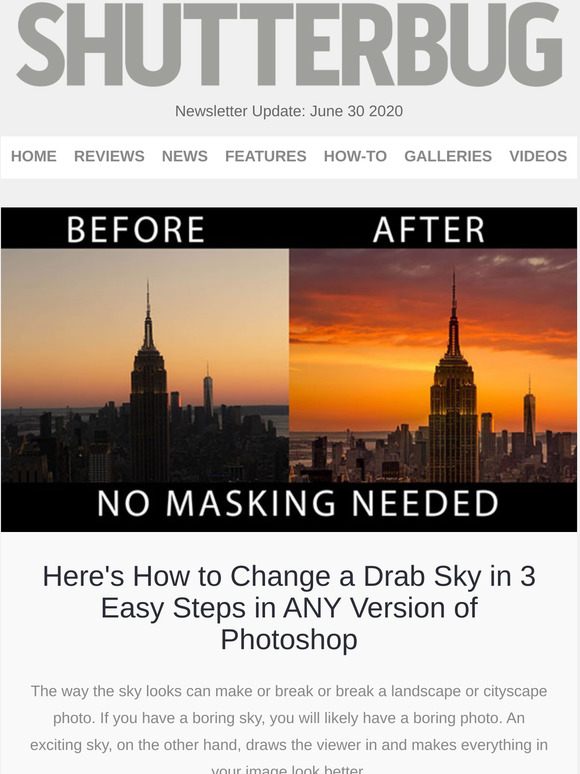 Shutterbug Newsletter: How to Change a Sky in Photoshop; 27 Crazy Camera Tricks; A Beginner's Guide to Shooting Boudoir