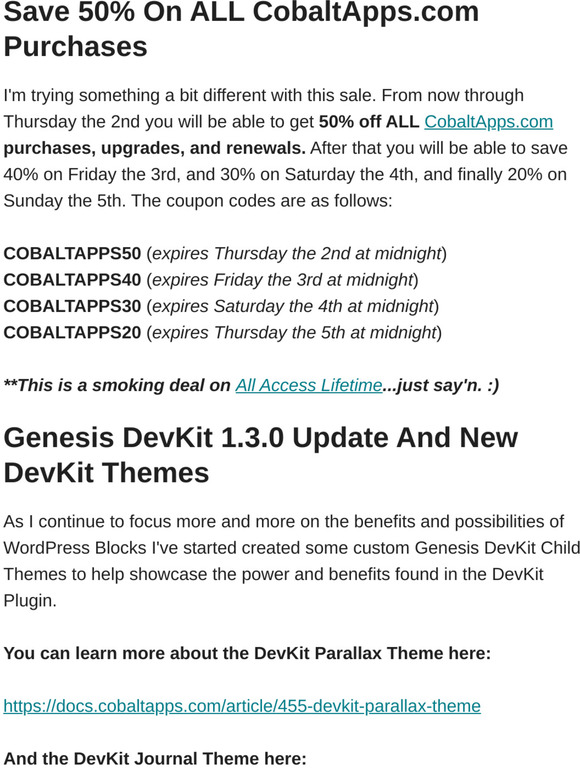 Entire CobaltApps.com Site Sale, and New Genesis DevKit Themes