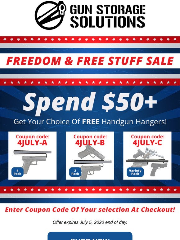 Freedom & FREE Stuff Sale! Free Handgun Hangers With $50+ order 