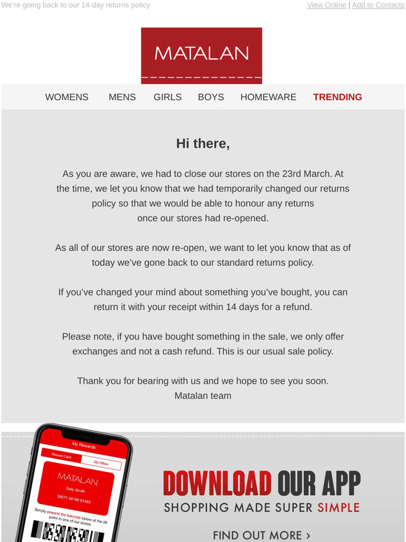 Matalan An update on our returns policy Milled