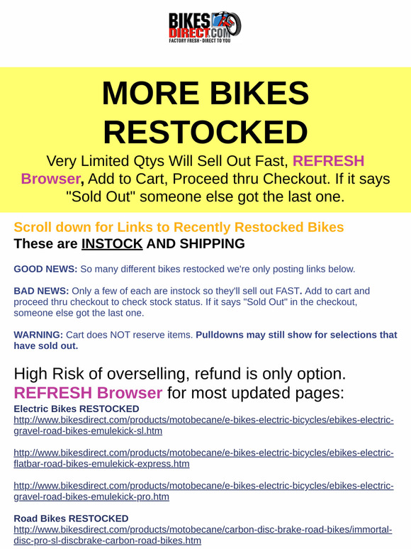 Bikes Direct FRESH RESTOCK Bikes Will Sell Out Fast, Open Now Milled