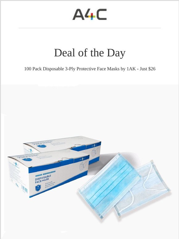 100 Pack Disposable 3-Ply Protective Face Masks by 1AK - Just $26