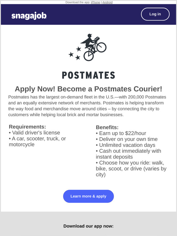Snagajob Job Alert Postmates is hiring near 10001 Milled