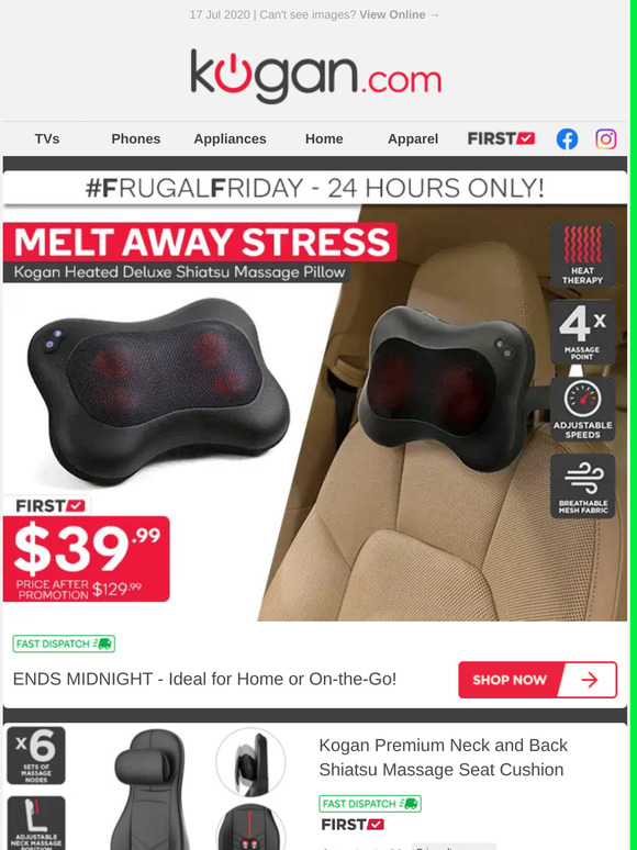 Kogan FF Heated Shiatsu Massage Pillow Only 39.99 TODAY