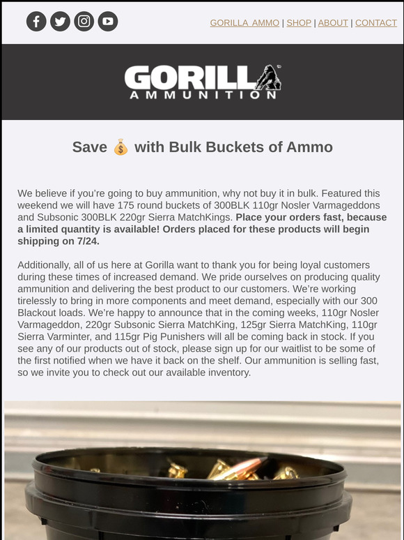 Gorilla Ammunition Save 💰with Bulk Buckets of Ammo! Limited quantity available. Get it while it