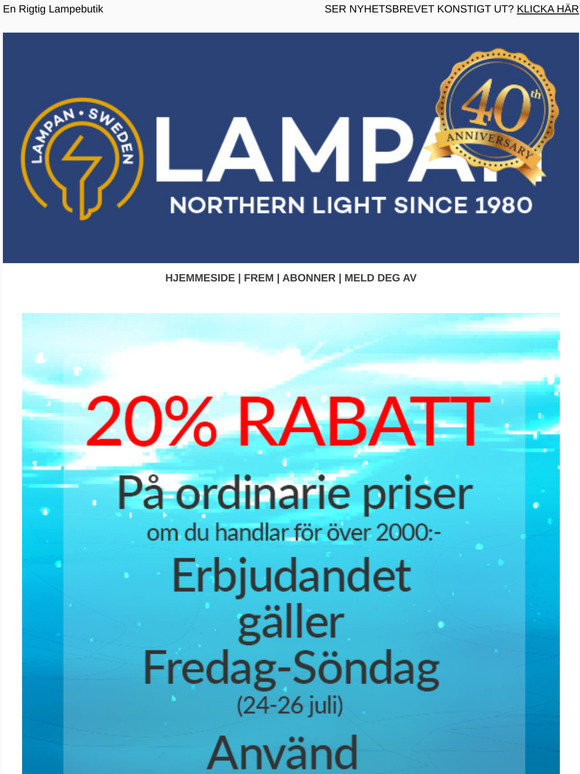 20% rabat på Lampan.dk, kun denne weekend!