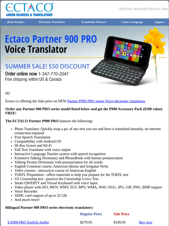 English Voice Translator and Language Teacher ECTACO Partner 900 PRO Tagalog