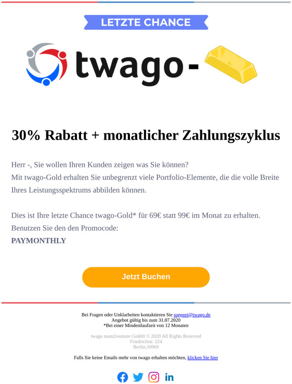 Letzte Chance 360€ beim Kauf einer twago-Gold Mitgliedschaft zu sparen