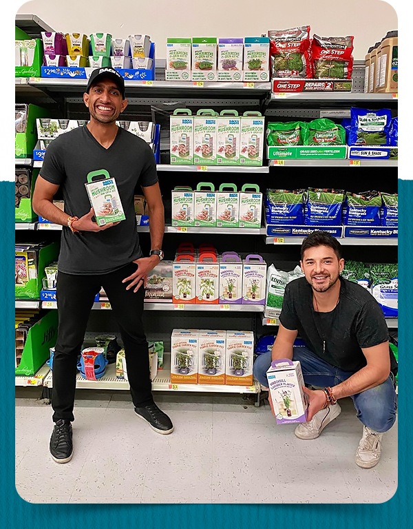 Back to the Roots co-founders with grow kits in Walmart