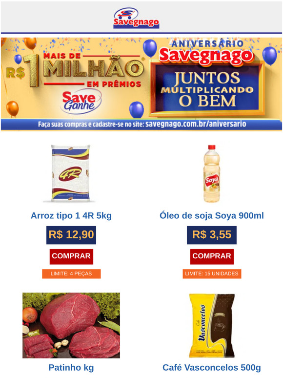 Aniversário Savegnago. 180 mil em prêmios por semana!
