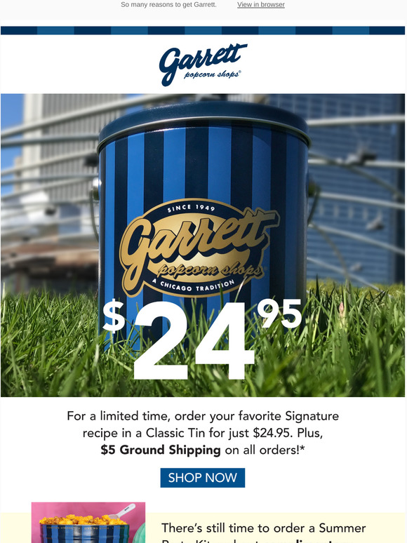 Garrett Popcorn 24.95 Classic Tin + 5 Ground Shipping Sitewide