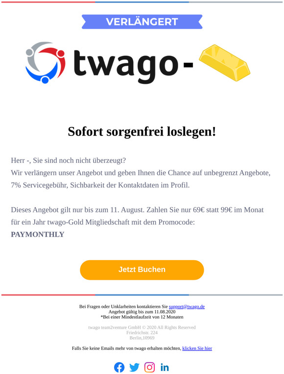 VERLÄNGERT! 30% und monatlicher Zahlungszyklus beim Kauf einer twago-Gold Mitgliedschaft