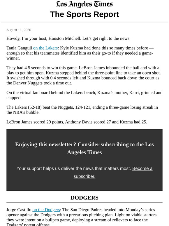 Los Angeles Times The Sports Report Lakers End Losing Streak Milled