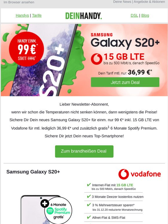 Brandheiße Deals: Dein Samsung Galaxy S20+ für einm. nur 99 €*!