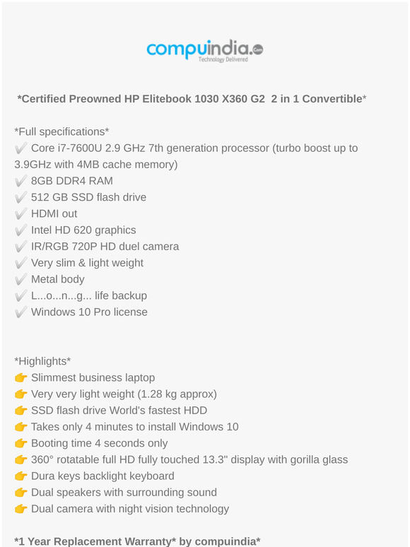 *Certified Preowned HP Elitebook 1030 X360 G2  2 in 1 Convertible*