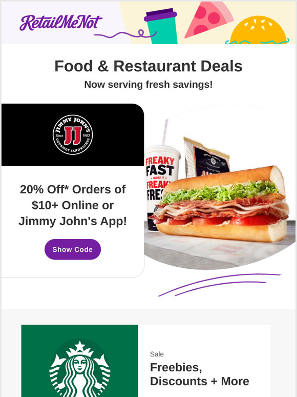 RetailMeNot 🍕25 Off Papa John's Jimmy John's ☕Starbucks Taco
