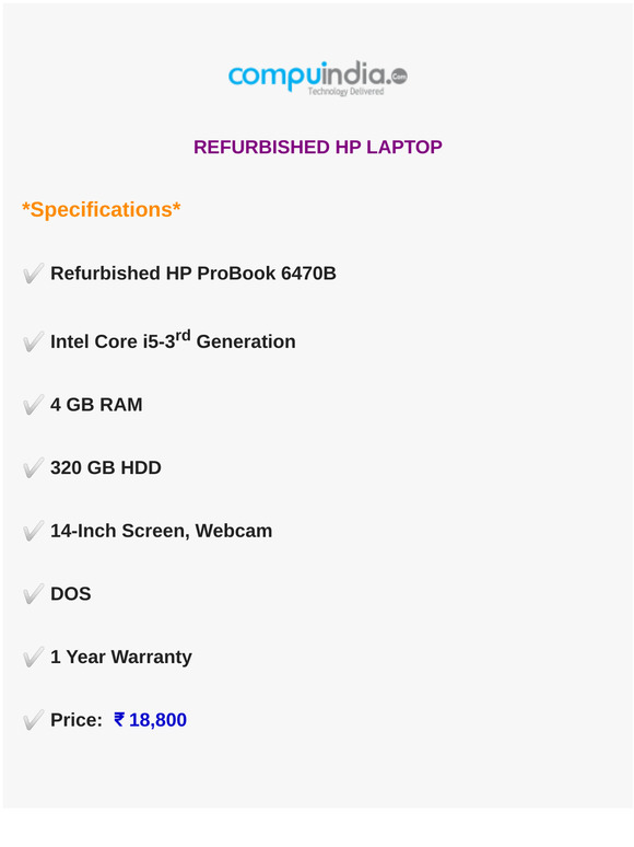 REFURBISHED HP PROBOOK 6470B (CORE I5 3RD GEN/4GB/320GB/WEBCAM/14''/DOS)