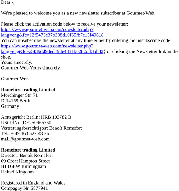 Your Newsletter Activation Key from Gourmet-Web