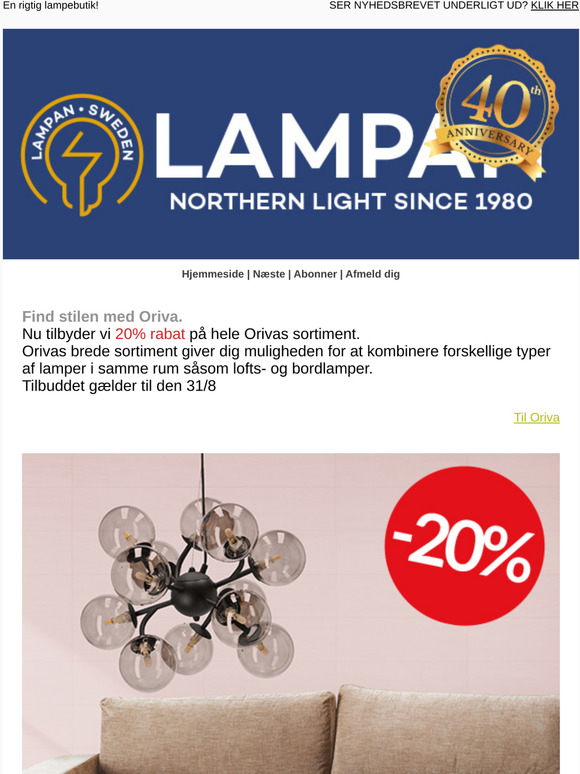 20% rabat på hele Orivas sortiment.