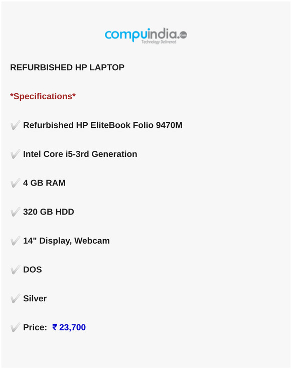 REFURBISHED HP ELITEBOOK FOLIO 9470M (CORE I5 3RD GEN/4GB/320GB/WEBCAM/14''/DOS)