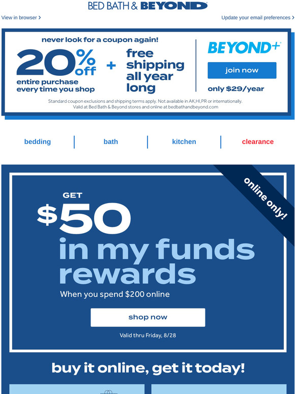 Bed Bath & Beyond Spend 200 online, get 50 in MyFunds Rewards 🤑 Buy online, get it today