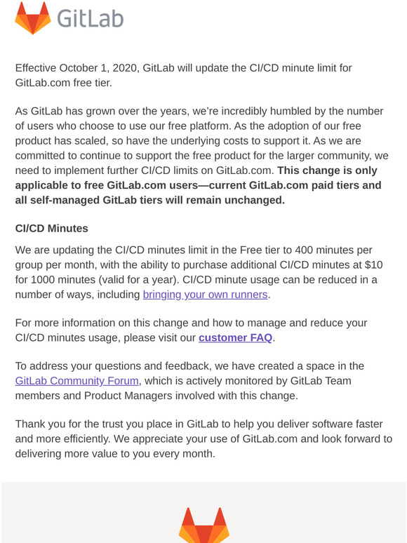 [IMPORTANT] Upcoming changes to CI/CD minute limits for your free GitLab.com account