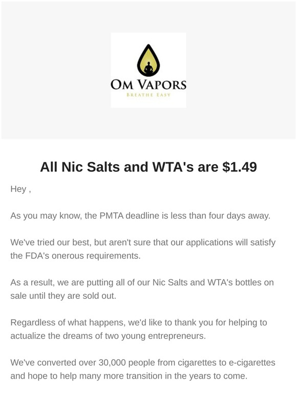 PMTA Sale: Nic Salts and WTA's are Only $1.49 😍