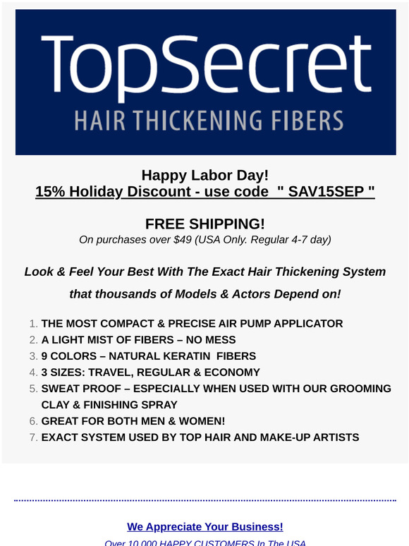 Labor Day Offer - Top Secret Hair Thickening Fibers Now 15% Discount Sept 2020