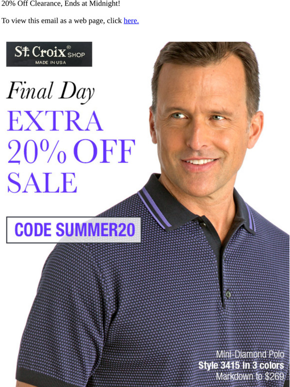 “Final Day  – Extra 20% Off Clearance Savings Ends Tonight”