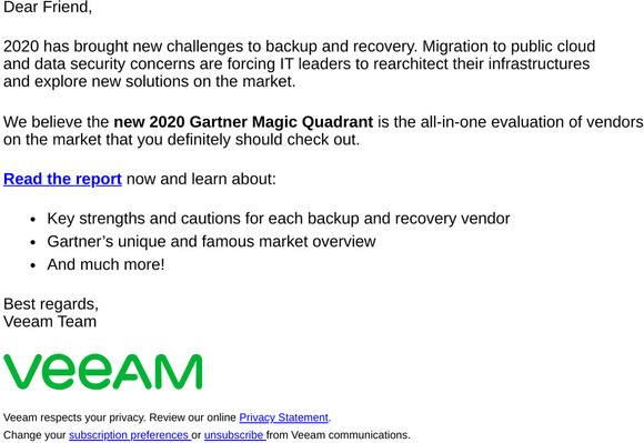 Veeam New 2020 Gartner Magic Quadrant for Data Center Backup and