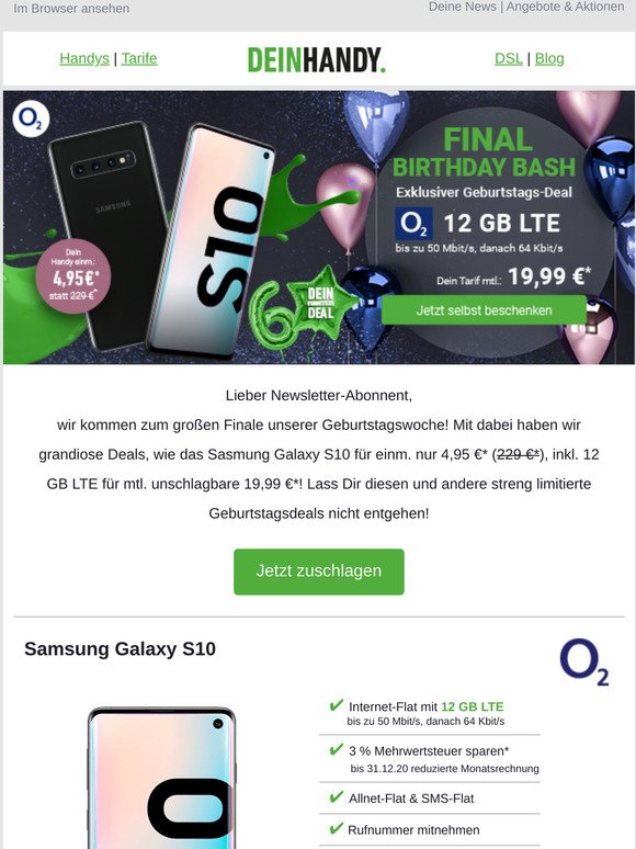 Final Birthday Bash: Samsung Galaxy S10|S20 für einm. 4,95 €*!