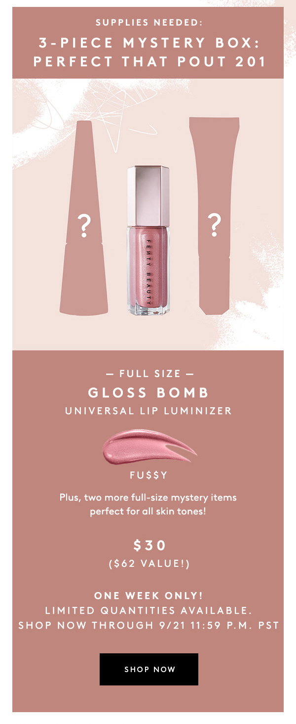 Fenty Beauty One Week Only 30 3 Piece Mystery Box Featuring Gloss Bomb Milled