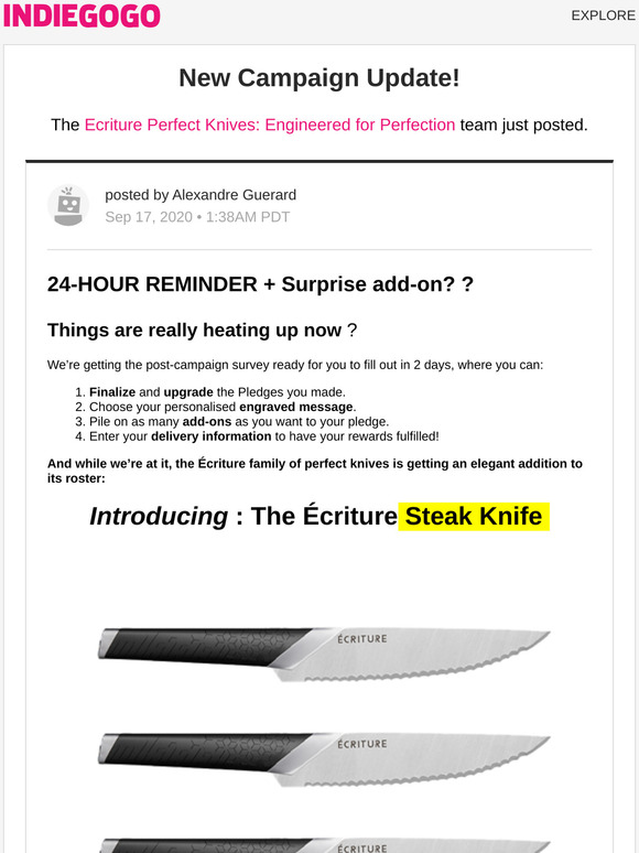 Indiegogo Update 2 From Ecriture Perfect Knives Engineered For Perfection Milled