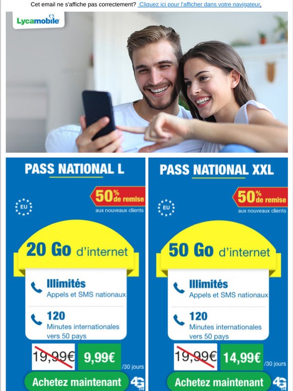 Lycamobile Pass National XL : 150 Go, SMS/Minutes illimités
