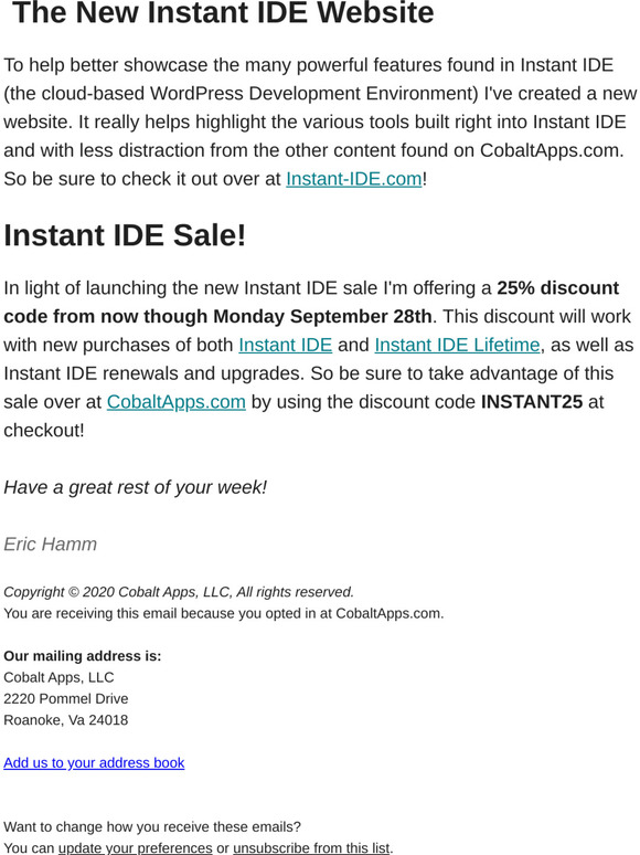 New Instant IDE Site And Sale From Cobalt Apps