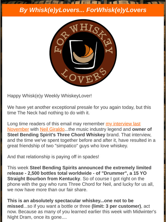 Happy Whiskey Weekly  WhiskeyLovers - Three Chord "Drummer" 15YO Bourbon Presale,