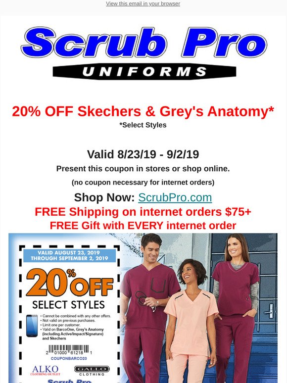 Scrub Pro Uniforms: 20% Off Skechers & Grey's Anatomy