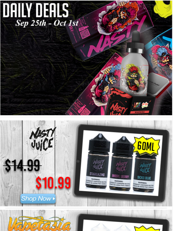 Daily Deals: Nasty Juice $10.99, Vapetasia $11.99, Villain Vapors $9.99