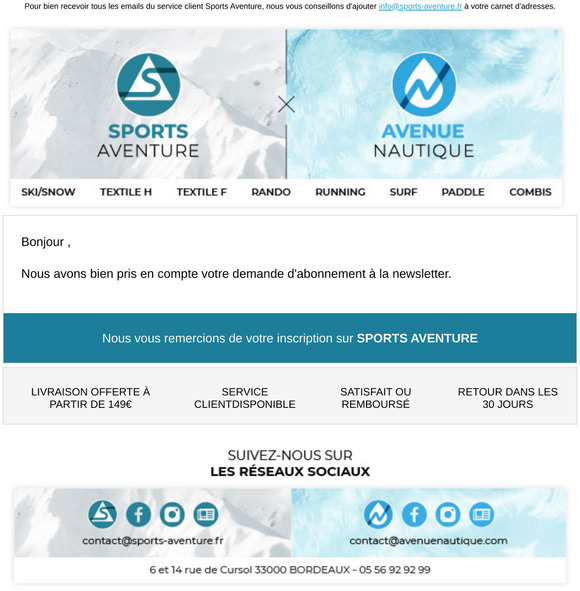 SPORTS AVENTURE:  Abonnement à la newsletter réussi