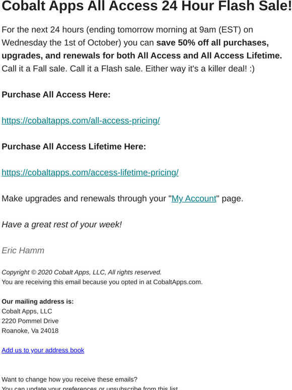Cobalt Apps All Access 24 Hour 50% Off Sale!