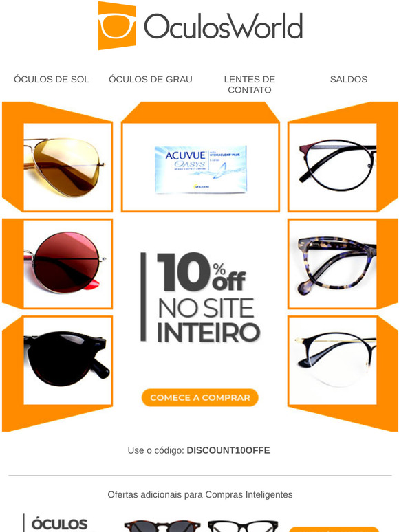 Incrível oportunidade! Oferecemos 10% off em todos os óculos de sol, óculos e lentes de contato! 🕶